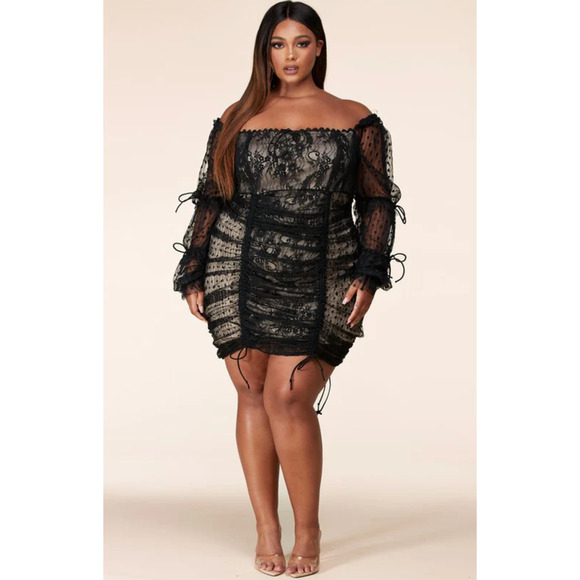 L’Atiste Black Lace Ruched Bodycon Dress 3X Off Shoulder Mesh NWT - Picture 1 of 10